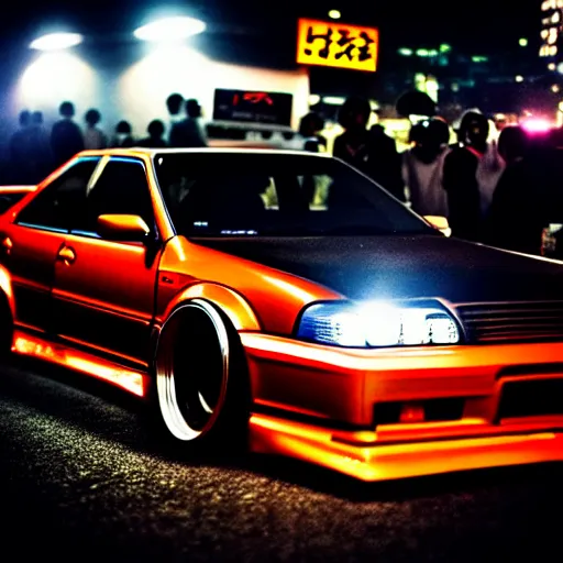 Image similar to a car JZX90 twin turbo drift at illegal car meet, Shibuya prefecture, city midnight mist lights, cinematic lighting, photorealistic, highly detailed wheels, high detail