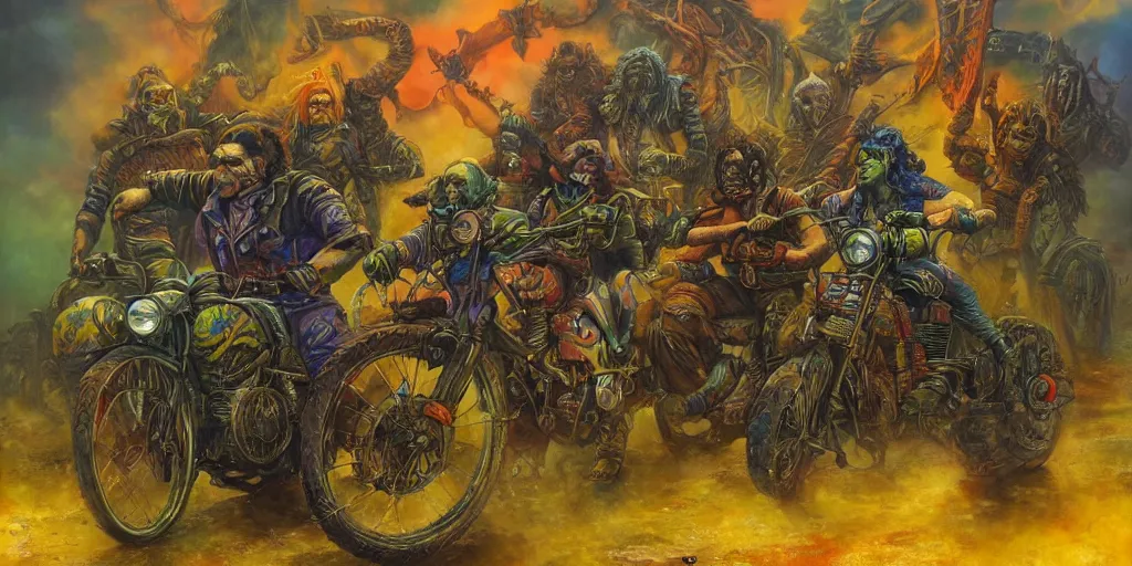 Image similar to psychedelic post apocalyptic orcish biker gang, sharp focus, psychedelic colors, boris vallejo, michael whelan, 8 k, epic scifi fantasy art