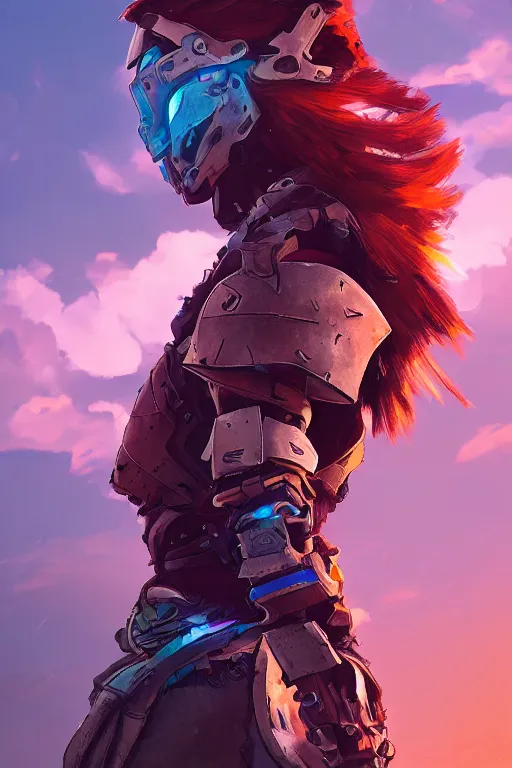 Image similar to combination suit armor aloy horizon forbidden west horizon zero dawn radiating a glowing aura global illumination ray tracing hdr fanart arstation by ian pesty and alena aenami artworks in 4 k tribal robot ninja mask helmet backpack