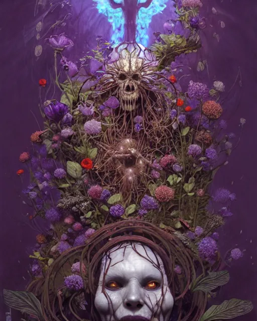 Image similar to the platonic ideal of flowers, rotting, insects and praying of cletus kasady carnage thanos davinci dementor wild hunt chtulu mandelbulb ponyo heavy rain the witcher, d & d, fantasy, ego death, decay, dmt, psilocybin, concept art by randy vargas and greg rutkowski and ruan jia and alphonse mucha