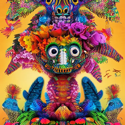 Prompt: Alebrijes” 3-D 8k , digital art, Mexican folk art, cute single animal, solid black background, Hyperdetailed, Martin Sandiego, Julia Fuentes, Adi Granov