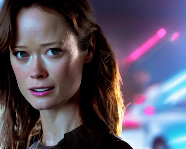 Prompt: summer glau as synthwave terminator, action movie still, 4k, cdx