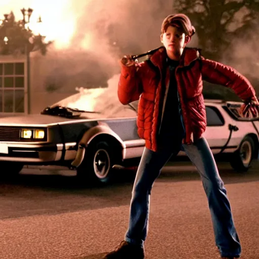 Prompt: stunning awe inspiring tom holland as marty mcfly in the movie back to the future, movie still 8 k hdr atmospheric lighting