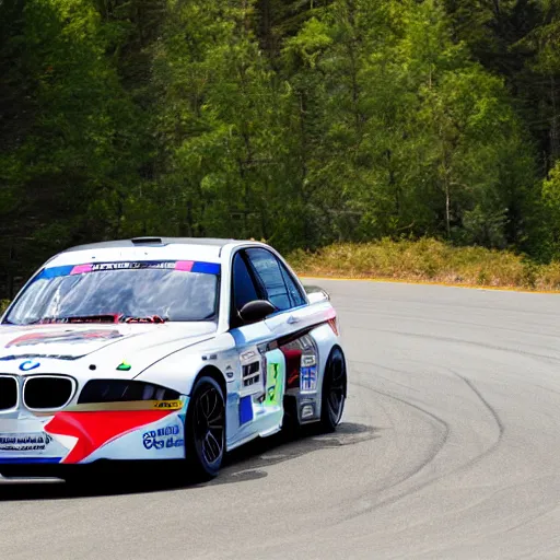 Prompt: sasquatch hanging out the window of a bmw race car