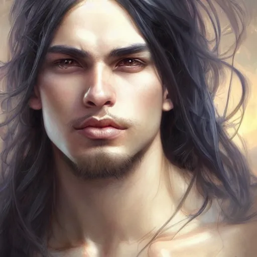 Prompt: beautiful, strong, mixed race, long hair, male, face, head shot, fantasy, highly detailed, digital painting, artstation, concept art, smooth, sharp focus, illustration, art by artgerm and greg rutkowski and alphonse mucha