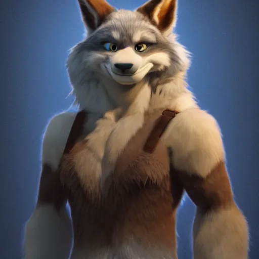 Prompt: portrait character design a mature muscle blue fluffy werewolf girl, style of maple story and zootopia, 3 d animation demo reel, portrait studio lighting by jessica rossier and brian froud and gaston bussiere