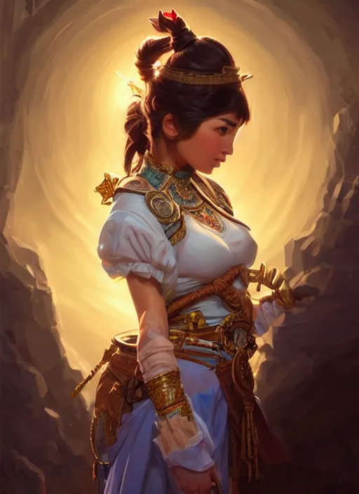 Image similar to portrait of russian mexican asian girl jodhpurs hyperborea lemuria, deep focus, d & d, fantasy, intricate, elegant, highly detailed, digital painting, artstation, concept art, matte, sharp focus, illustration, hearthstone, art by rhads by artgerm and greg rutkowski and alphonse mucha