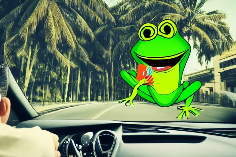Prompt: human face as a frog driving a car, palm trees