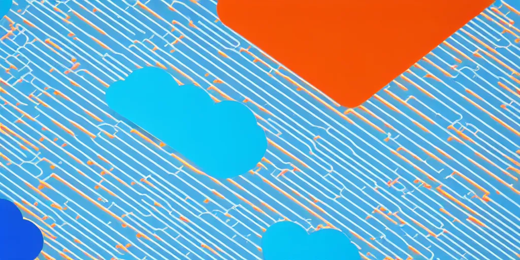 Image similar to Cloud servers, network, isometric view from above. Minimalistic design, contemporary design, infographics. Logo, Abstract Design. Blue, cyan and orange palette. Vivid, 8K, Epic, Masterpiece