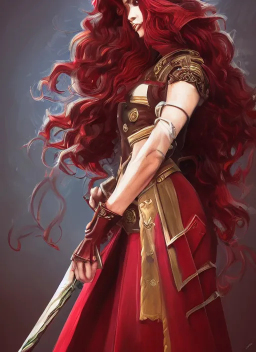 Prompt: a highly detailed illustration of beautiful long dark red haired woman wearing wine red epaulette uniform and coat cape, dramatic wielding strings pose, intricate, elegant, highly detailed, centered, digital painting, artstation, concept art, smooth, sharp focus, league of legends concept art, wlop