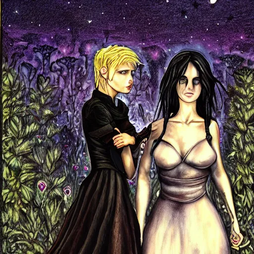 Image similar to stoic heroic emotionless blond butch tomboy woman, standing side by side with taller goth black - haired dark fae jennifer connelly, in love, romantic in romantic garden at night, mike mignogna, illustration, pen and ink, oil painting, highly detailed, sci fi, dreamy and romantic