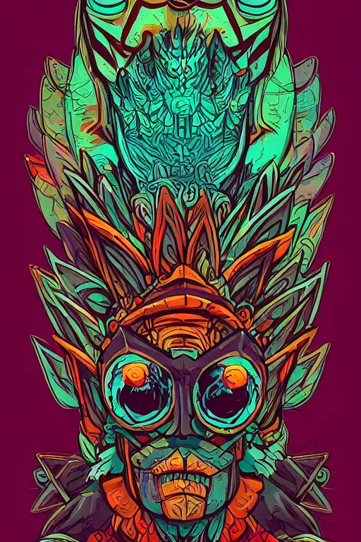 Image similar to totem animal mask tribal feather gemstone plant wood rock shaman vodoo video game vector illustration vivid color borderlands by josan gonzales and dan mumford radiating a glowing aura