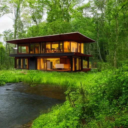 Prompt: An eco house in a jurassic forest with a river.