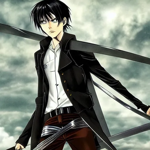 Shingeki no Kyojin Levi, black-haired man holding sword anime character png
