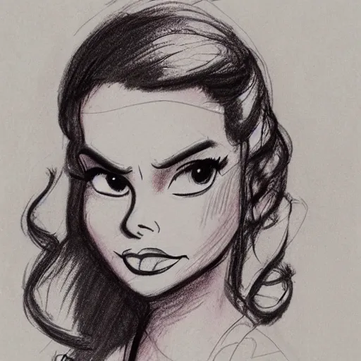 Image similar to milt kahl sketch of vanessa hudgeons with done up hair, tendrils covering face and ponytail as princess padme from star wars episode 3