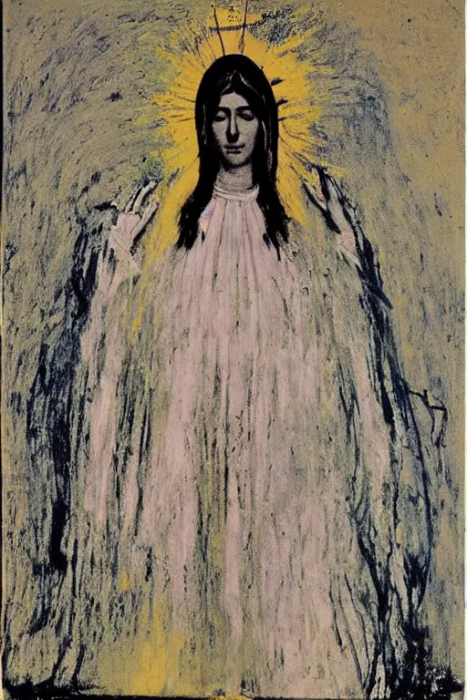 Image similar to virgin mary of lourdes painted by cy twombly and andy warhol