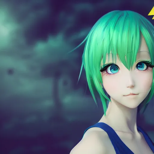 Image similar to render as a very beautiful 3d anime girl, short green hair, azure blue eyes, full round face, short smile, casual clothes, serene beach setting, cinematic lightning, medium shot, mid-shot, highly detailed, trending on Artstation, Unreal Engine 4k, cinematic wallpaper