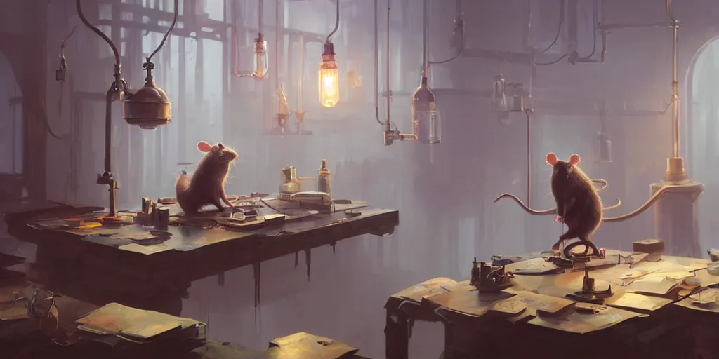 Image similar to rat sitting on a desk in a laboratory with lots of flasks filled with magic liquids and poisonous fog, stephen bliss, unreal engine, fantasy art by greg rutkowski, loish, rhads, ferdinand knab, ilya kuvshinov, rossdraws, tom bagshaw, global illumination, radiant soft light, detailed and intricate environment