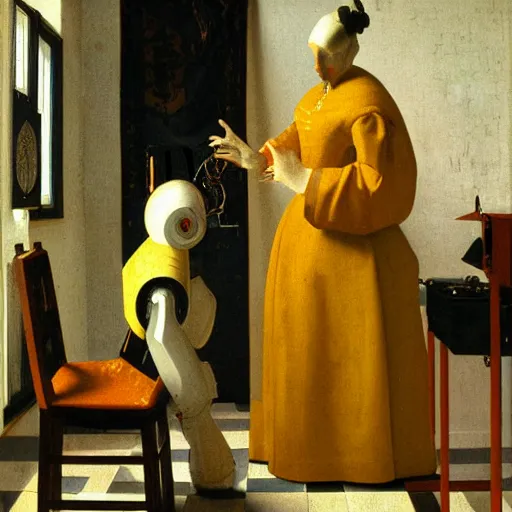 Prompt: a portrait of a detailed cybernetic robot by vermeer