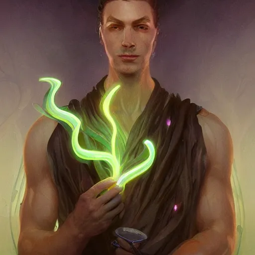 Image similar to bioluminescence portrait of a male wizard of the flowers, muscle, D&D, fantasy, elegant, pale, highly dvetailed, digital painting, artstation, concept art, smooth, sharp focus, illustration, art by artgerm and greg rutkowski and alphonse mucha