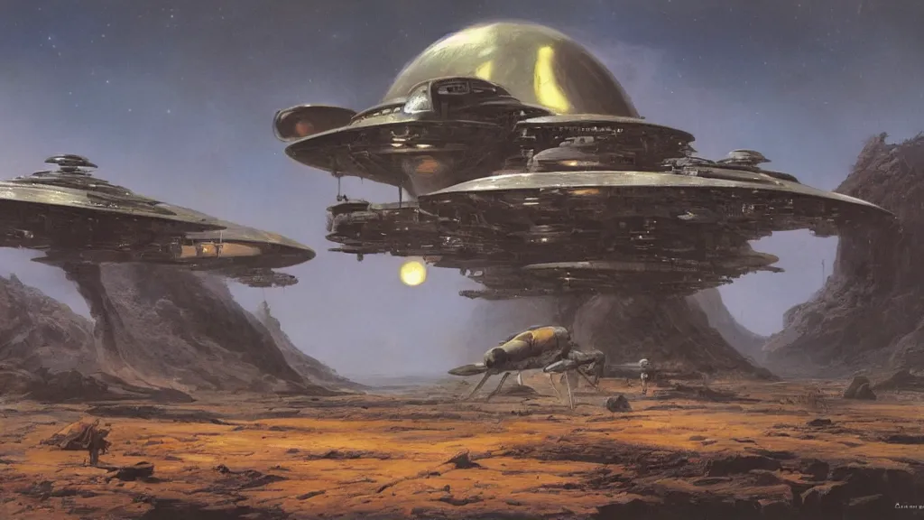 Image similar to organic dropship lander by john schoenherr and jim burns, epic cinematic matte painting