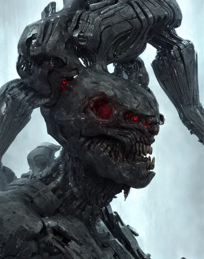 Image similar to willem dafoe as victor stone, full body concept, cyborg, borg, strogg, face of a man, terminator, flesh, quake strogg, doom demon, wolfenstein, monstrous, symmetry, symmetrical, concept art by ruan jia and greg rutkowski