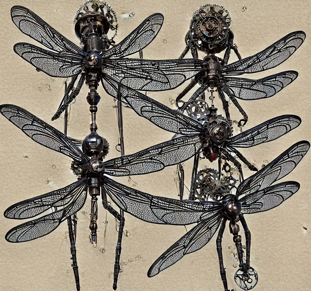 Prompt: blueprint of a Mechanical Dragonfly, ornamental, photorealism, elaborate, highly detailed, ornate, dramatic lighting, photorealistic, steampunk, old fashion, by Beardsley