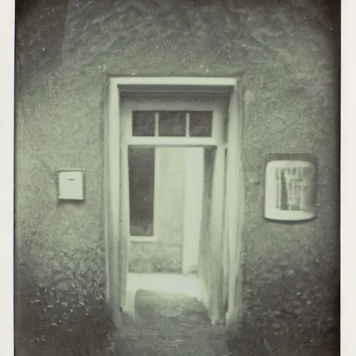 Prompt: old polaroid of a realistic gateway to another dimension, black and white, pictorialism