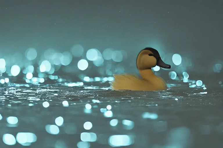 Prompt: a blurry image of a duck in the dark, water drops, night time, a microscopic photo by ker - xavier roussel, featured on flickr, art photography, flickering light, macro photography, luminescence