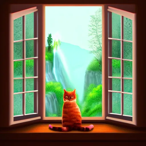 Image similar to a beautiful landscape including a waterfall and a forest through a window, cat sitting on the edge of the window, illustration, digital art, trending on artstation, no signature