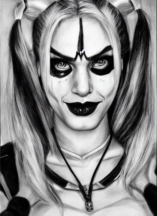 Image similar to a pencil drawing of harley quinn, hyper realistic, highly detailed