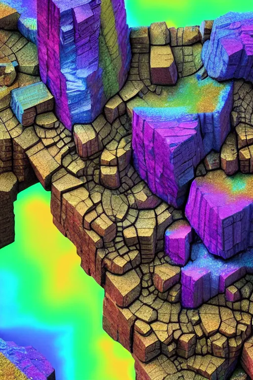 Image similar to concept art of totally fractal bismuth rock giant golem : : patterns rainbow bismuth fractalization : : extremely high details, masterpiece, photorealistic, hyperrealism, vray, octane render, volumetric lighting, depth of field, bokeh, artstation, cgsociety by elyse graham, johannen voss, greg broadmore