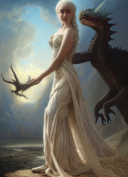 Prompt: a painting of Daenerys Targaryen in fantastic dress next to a dragon, by Jaime Jones,Tom Bagshaw,Lawrence Alma-Tadema,greg rutkowski,deviantart contest winner, fantasy art, daz3d,intricate,elegant,highly detailed,8k,digital painting,concept art, sharp focus, illustration,golden ratio