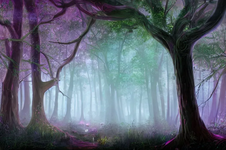 Image similar to ancient magical forest, tall purple and pink trees, moonlit, winding path lined with bioluminescent mushrooms, fireflies, pale blue fog, mysterious, eyes in the trees, cinematic lighting, photorealism