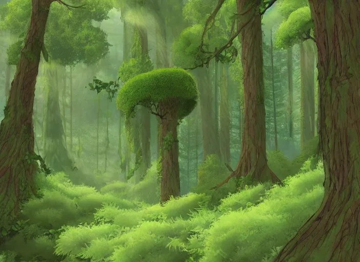 Prompt: A lush green forest by Ghibli Studio, digital art