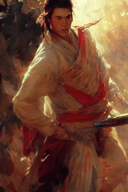 Prompt: attractive man, wuxia, colorful, painting by gaston bussiere, craig mullins, greg rutkowski, j. c. leyendecker