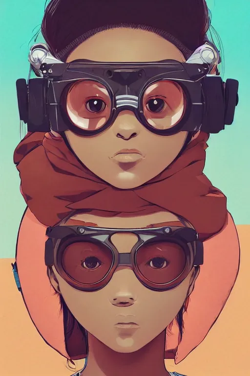 Image similar to face of a beautiful girl wearing goggles, brown skin, symmetrical, ilya kuvshinov, jamie hewlett, yoji shinkawa, muted colors, portrait, beautiful detailed illustration, 17th century oil painting, flat colors, studio ghibli, cel shading, loish, pop art,