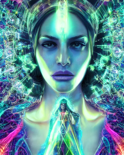 Image similar to a powerful energy psychedelic matrix priestess, by alexander fedosav, hyper detailed digital matte painting, concept art, hyperrealism, 1 6 k resolution, cinema 4 d, 8 k resolution, trending on artstation, behance hd, a masterpiece, by stephan martiniere, particles, cel - shaded, power bright neon energy, by david a. hardy,