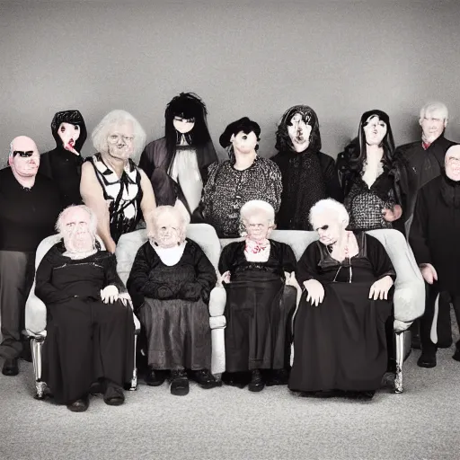 Prompt: an old age home for geriatric satan goths. photograph group portrait.