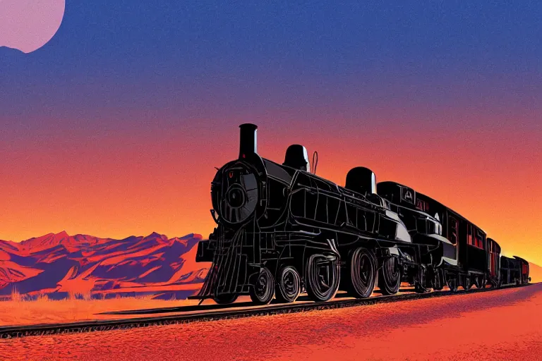 Image similar to idyllic old western train station illustration by syd mead, artstation, 4 k, graphic novel, concept art, matte painting, steam engine, beautiful mountain desert sunset background, golden hour