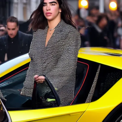 Prompt: dua lipa seen by paparazzi in london at night getting out of a yellow lamborghini urus, ultra realistic, photorealistic, ultra detailed