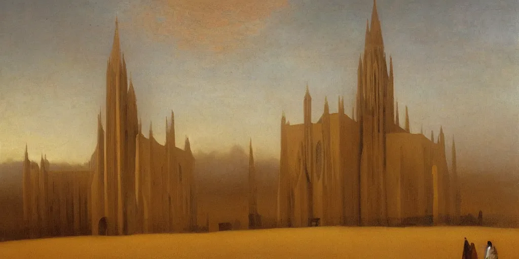 Prompt: Landscape painting of a cathedral made of sand in a foggy desert. Gothic architecture. The sun sets behind the clouds. Warm colors. Dark bright effect. An oil painting by Jean-Auguste-Dominique Ingres. The style of the painting is very detailed, delicate and slightly drawn, , with a deep sense of composition.