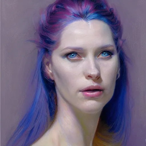 Image similar to portrait of a blue and pink queen by donato giancola.