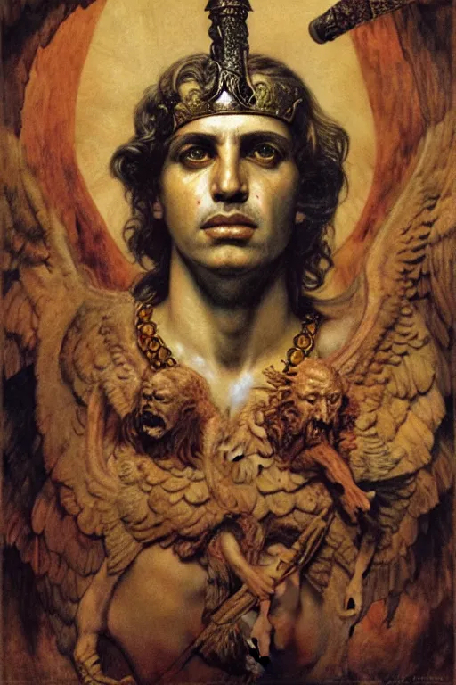 Image similar to an occult art portrait of alexander the great by wayne barlowe, gustav moreau, goward,  Gaston Bussiere and roberto ferri, santiago caruso, and austin osman spare