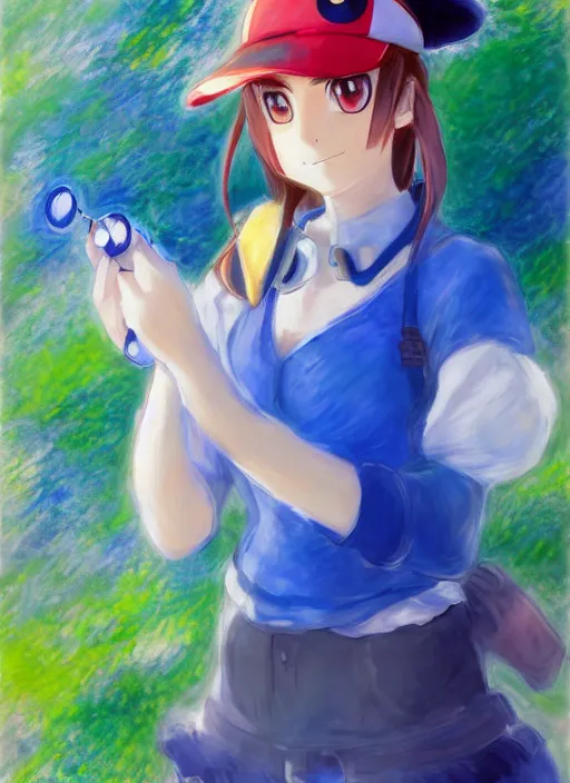 Image similar to a portrait of a female pokemon trainer, blue outfit, very anime in impressionist style, trending artwork, anime painter studio, by claude monet