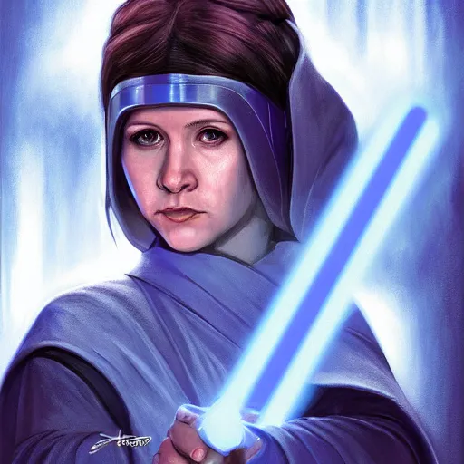 Prompt: head and shoulders portrait of a female knight, jedi, robes, blue lightsaber, young carrie fisher, star wars, by artgerm, anime