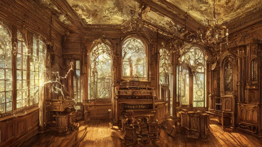 Prompt: richly decorated Victorian house with a tracker pipe organ, modern, beautiful, detailed wood, photorealistic, photorealism, lightning, clouds, smoke, the autumn light comes in through a window, diffuse light, vivid cybernetics