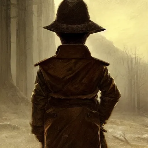 Prompt: A little boy wearing a trech coat looking dow , Graceful body structure,cute,Symmetrical face,highly detailed,elegant,Marc Simonetti and Caspar David Friedrich, Trending on artstation depicted as a action movie poster