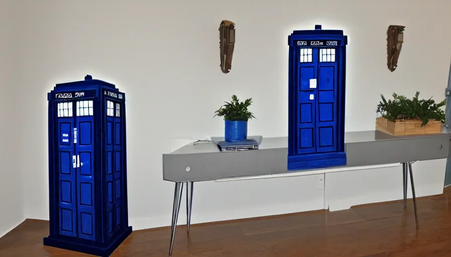 Prompt: TARDIS console, interior, roundels, white walls