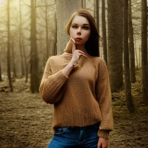 Image similar to real life photo of a beautiful girl, full body photoshoot, long brown hair, brown eyes, full round face, short smile, belly free, sweater, forest setting, cinematic lightning, medium shot, mid - shot, highly detailed, trending on artstation, unreal engine 4 k, 8 0 mm, 8 5 mm, cinematic wallpaper